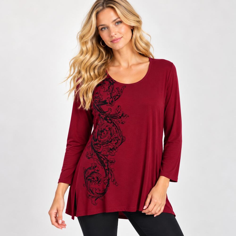 Susan Graver Liquid Knit Blouse Women's Size L Red Black Velvet Design Office